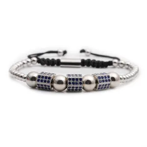 Adjustable black woven bracelet with silver beads and blue zircon pave square charms