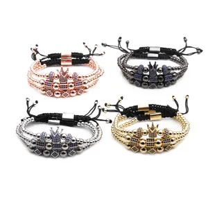 Luxury Crown Zircon Braided Cord Bracelet and Stainless Steel Roman Numeral Bangle Collection for Men Women Hip Hop Jewelry