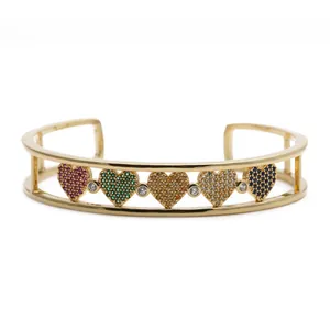 Elegant gold-tone open cuff bracelet with five colorful pavé heart-shaped crystals