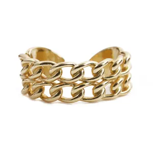 Punk Double Cuban Link Chain Open Adjustable Ring For Men Women Gold Plated Copper Geometric Industrial Jewelry Gift