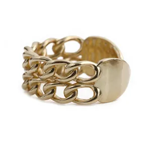 Polished gold Cuban link chain open ring featuring a smooth metal bar for men and women