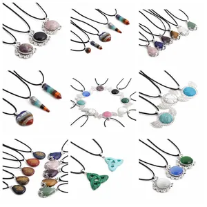Collage of tree of life and gemstone pendants in hexagonal, heart and drop shapes