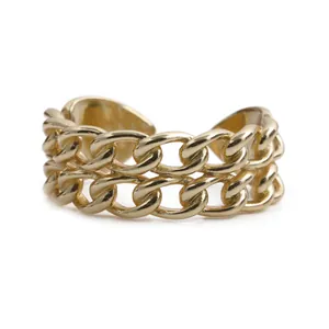Golden double Cuban link chain open ring with an adjustable minimalist metal design