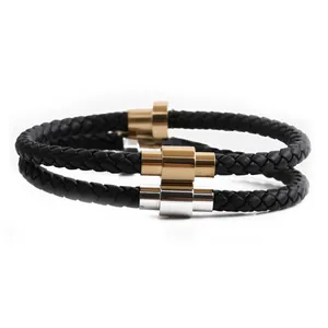 Set de pulseras para hombre de cuero trenzado con cierres magnéticos de oro y plata