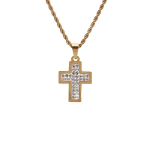 Hip hop gold titanium steel cross pendant necklace with white crystals on rope chain