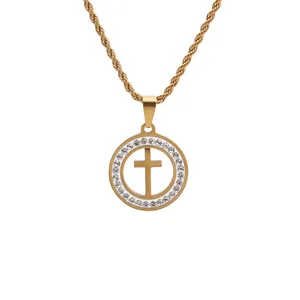 Hip hop gold twist chain necklace with rhinestone encrusted circular cross pendant