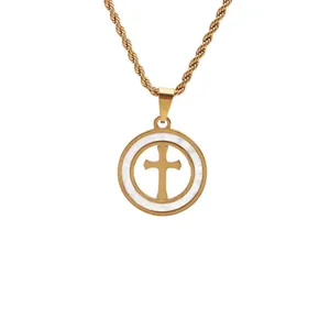Hip hop gold cross pendant necklace with pearl-like inlay and twisted rope chain
