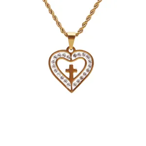 Gold plated heart cross pendant necklace with rhinestones and twisted rope chain