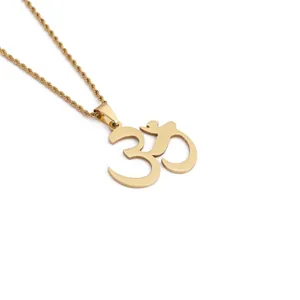 Golden Om symbol pendant necklace with rope chain in polished stainless steel finish