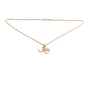 Golden titanium steel Om symbol pendant necklace with twisted rope chain on white background