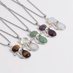 Cat gemstone pendants with tiger eye and opal stones on stainless steel twist chains
