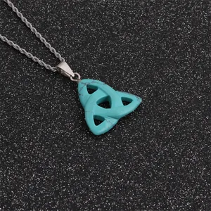 Retro Triquetra celtic knot necklace with turquoise stone pendant and silver twisted chain