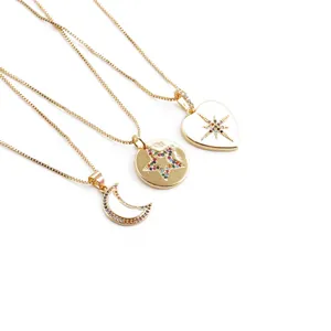 Collar de Cobre Chapado en Oro Con Colgante de Luna Estrella Corazón de Zirconia Multicolore Joyería de Moda Para Mujer