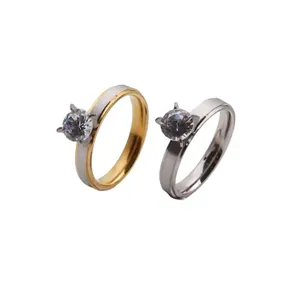 Brushed matte finish couple rings with sparkling cubic zirconia in two-tone gold and silver