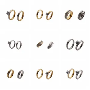 Detailed grid showing matte and gold-tone couple rings with zirconia accents