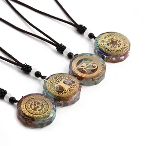 Set de pendentifs Arbre de Vie Orgone avec cristaux colorés et cordon tressé