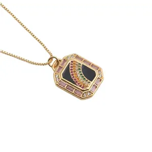 Gold-plated octagon pendant necklace with rainbow zircon inlay on black enamel base