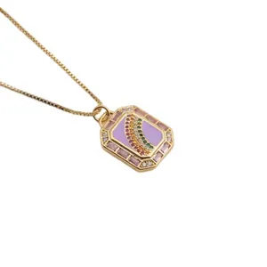 Gold plated copper necklace with purple enamel octagon pendant and rainbow zircon inlay