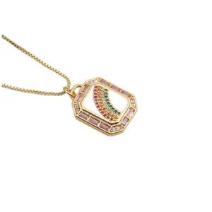 Detailed macro of gold geometric pendant with rainbow zircons and pink gemstones