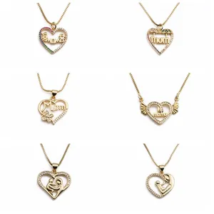 Copper Zirconia Heart Pendant Necklace For Women Gold Plated Mother And Child Mom Mama Letter Jewelry Mothers Day Gift