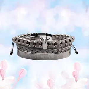 Heren retro zilveren kroon armband set met romeinse cijfers roestvrijstalen armband