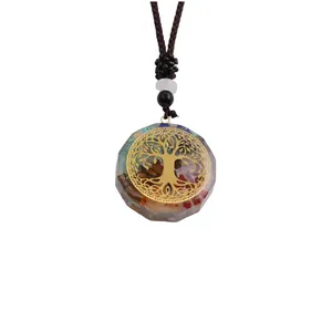 Collier pendentif Arbre de Vie 3D avec pierres colorées et cordon en corde tressée marron