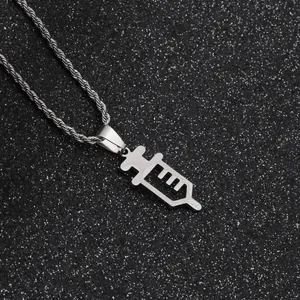 Edelstahl Spritze Anhänger Halskette Für Herren Damen Hip Hop Medizinischer Stil Kordelkette Schmuck Silber Halskette