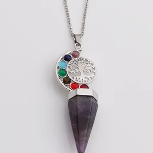 Lebensbaum Chakra-Halskette mit sieben bunten Perlen und violettem Kristallanhänger