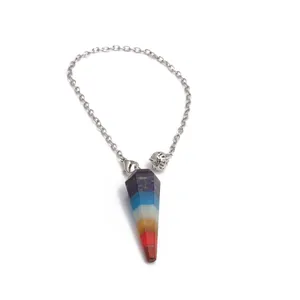 Polished seven chakra crystal pendulum necklace with silver chain and metal charm