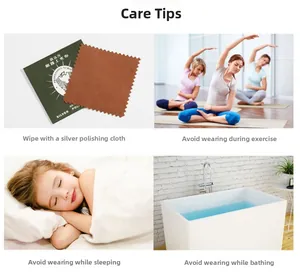 Maintenance tips showing silver polishing cloth and icons for avoid exercise or sleep
