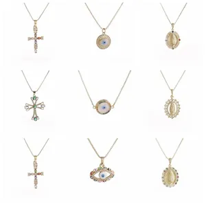 Collection of 18K gold plated necklaces featuring colorful crosses and evil eye pendants