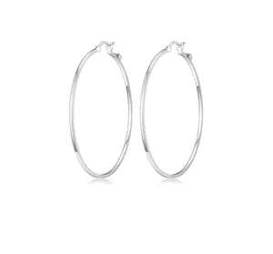 Detailed view of polished large silver hoop earrings with secure snap-post closures