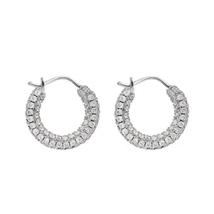 Sparkling full pave hoop earrings in silver tone with brilliant multi-row zircon stones