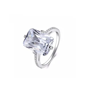 Luxury square emerald-cut zircon ring with micro-pave silver band for women