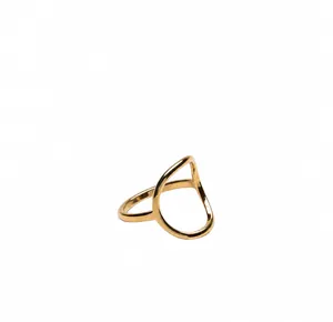 Macro shot of minimalist hollow geometric oval ring in a bright golden finish