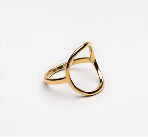 Detailed view of a gold hollow geometric oval ring with a polished metallic finish