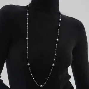 Elegant Double Layer Artificial Pearl Necklace For Women Copper Plated Long Sweater Chain Versatile Fashion Jewelry Gray White Gift