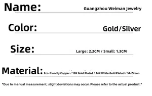 Size specifications for gold and silver hoop earrings featuring premium 5A cubic zirconia