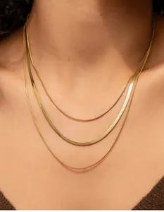 Detailed close-up of a three-layer gold snake chain necklace on model neck