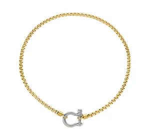 Détail du collier à chaîne box dorée et fermoir fer à cheval en argent poli