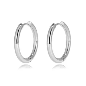 Classic silver hoop earrings with polished finish and hinged closure on white background