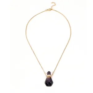 Elegant 18K gold-plated necklace featuring a faceted purple perfume bottle pendant