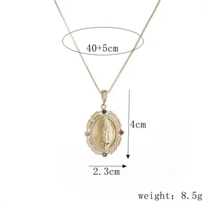 18k gold plated necklace with micro-pave oval virgin mary pendant and colored gemstones