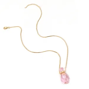 Minimalist 18K gold plated perfume bottle pendant necklace with pink crystal and box chain