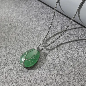 Green teardrop aventurine pendant necklace with silver tree of life wire wrap and twist chain