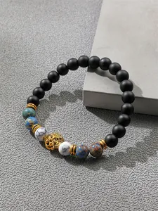 Bracelet pour homme en perles mates 8mm, turquoise blanche et tête de lion dorée