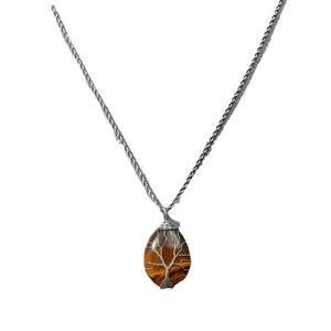 Collana con pendente a goccia in occhio di tigre, albero della vita e catena a corda