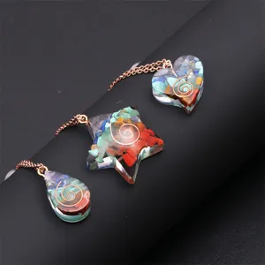 Colorful resin pendants in heart star and teardrop shapes with rose gold chains