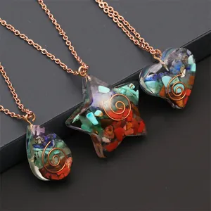 Vintage Orgonite Pendant Necklace Multicolored Crushed Natural Stone Resin Heart Star Teardrop Stainless Steel Chain Healing Jewelry Women Men