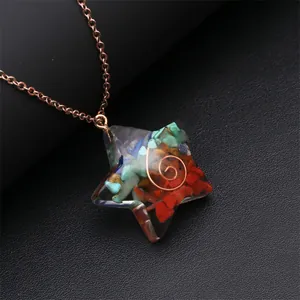 Star-shaped Orgone energy pendant with colorful stones and rose gold spiral wire on black leather